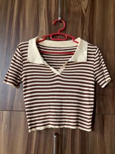 ribbed knit, cropped, striped polo-style top