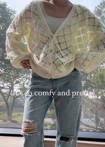 Handmade Off White Crochet Buttoned Cardigan