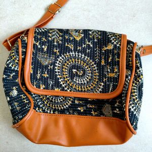 Brown And Blue Sling Bag With 3 Spaces