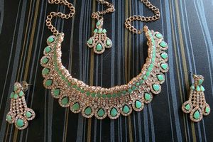 Gold Plated, Silver &amp; Green Studded Jewel Set