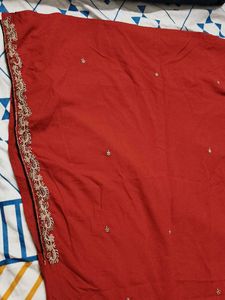 Women Red Embroidery Cotton Mix Casual Kurta