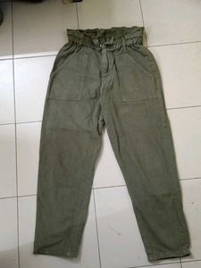 Olive Green Paper Bag Waist Pants