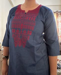 Aaboli Navy Blue Long Kurta with Red Embroidery