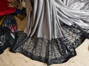 Black &amp; Silver Embellished Sari With Designer Blou