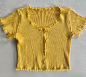Yellow Ribbed Lace Trim Top