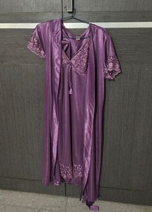 Satin Short Nighty with Lace &amp; Robe