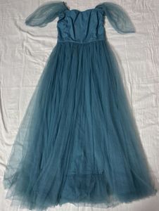 SASSAFRAS BLUE TULLE BARDOT MIDI DRESS