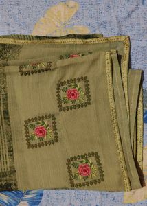 Olive Green Embroidered With Border Saree