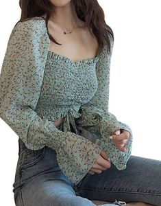 Square Neck RuffleDrawstring Cute Floral Print Top