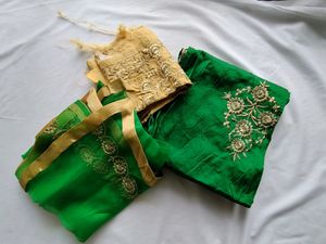 Green And Cream Embroidered Lehenga (Women's)