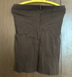 Brown Back Zip And Slit Strechable Skirt