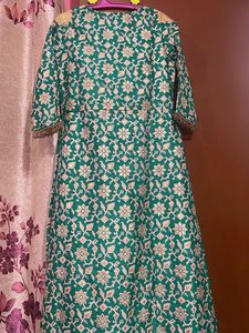 Green Floral golden Print Stylish Dress