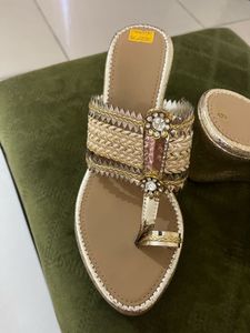 New Gold Wedge Bridal Heel Sandals With Sticker
