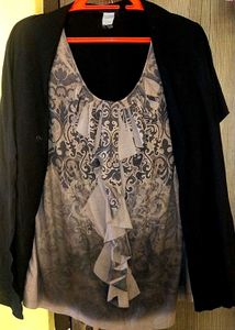 Brown Patterned Blouse with Black Cardigan
