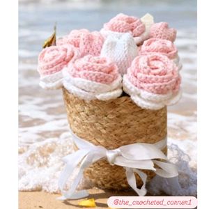 Crocheted Rose Bouquet in Basket