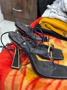 Black Heeled Sandals with Gold Detail