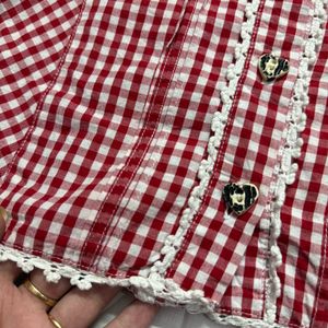 Red Gingham Puff Sleeve Blouse with Lace Trim