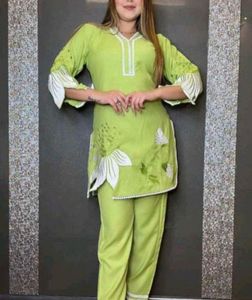 Lime Green Floral Embroidered Suit