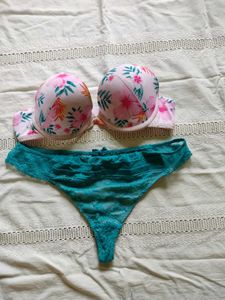 Floral Bra & Teal Lace Thong Set