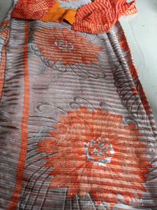 Orange &amp; Grey Floral Saree
