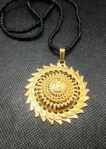 Gold Sunflower Pendant Black Bead Necklace