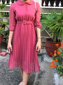 Pastel Pink Polyester Colar Neck Frock (Women)