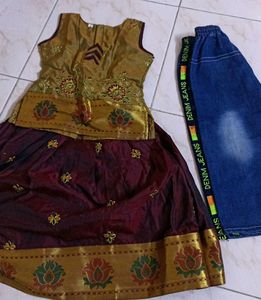Girls Pattupavadai And Denim Pants Combo😍