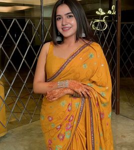 New light Yellow Chiffon Embroidery Saree✨