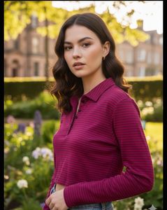 Trendy Cropped Magenta Long-Sleeve Polo Top