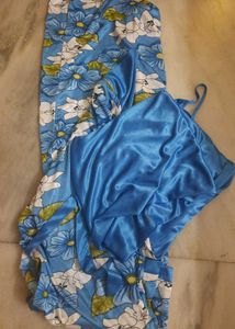 Blue Floral Satin Nighty 2 Pieces Set
