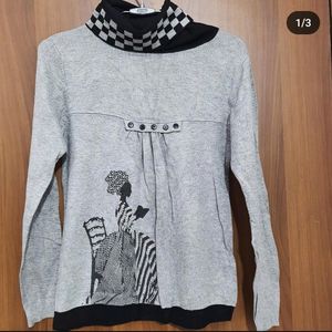 Grey Rhinestone Turtle Neck Fitted Top