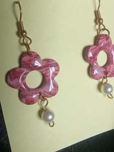 Pink Flower Pearl Drop Earrings
