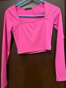 Pink Ribbed Square Neck Top