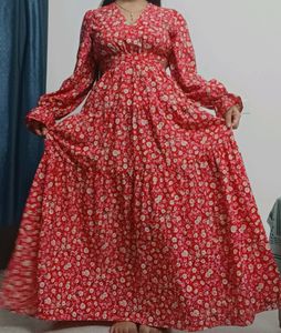 Women Red Crepe V-Neck Floral Print Maxi Dress