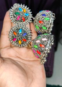 Silver Jhumka With Multi Colour Stone