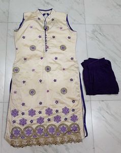 Elegant Cream &amp; Purple Embroidered Kurta Set 💜