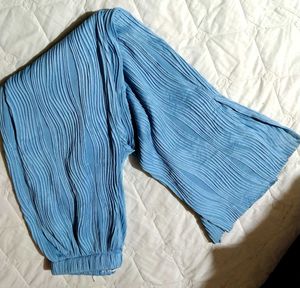 Blue Plisse Wide Leg Pants