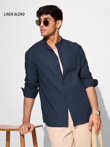 Mango Man Stylish Navy Blue Linen Blend Shirt