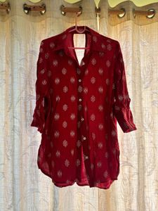 Red Print Button-Down Top And Pant Set