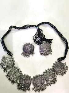 Oxidized Silver Leaf Necklace Set