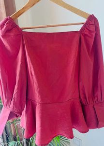 Coral Peplum Puffed Sleeves Crop Top