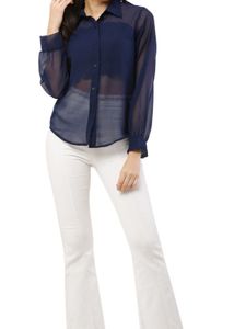 Navy Sheer Button-Down Blouse