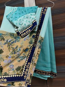 sea green with blue shade flower print saree wit