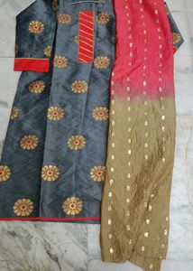 GRAY RED KURTA WITH DUPATTA
