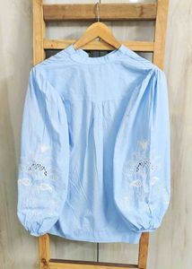 Blue Embroidered Sleeve Top size-42