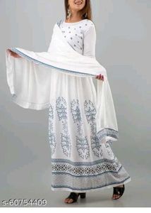 White Printed Anarkali Kurti Set