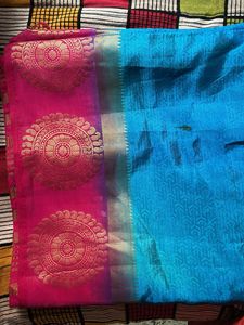 Elegant Pink & Blue Saree with blouse piece