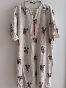 Off-White Printed Cotton Straight Kurta With Trous