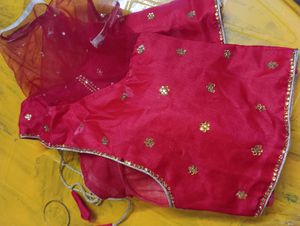 Readymade Saree Blouse In Tomato Red Color With Golden Work (Sequence Pasted) With Net sleeves ,good To Fit 40 To 42 Size Breast.