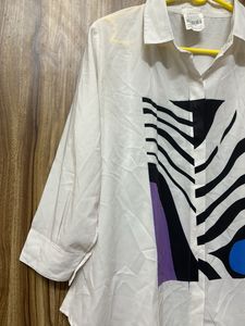 White Graphic Print Button-Down Shirt